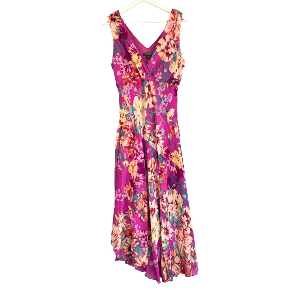 Covington Magenta Floral Handkerchief Hem Midi Dress V-Neck Sleeveless Size 10